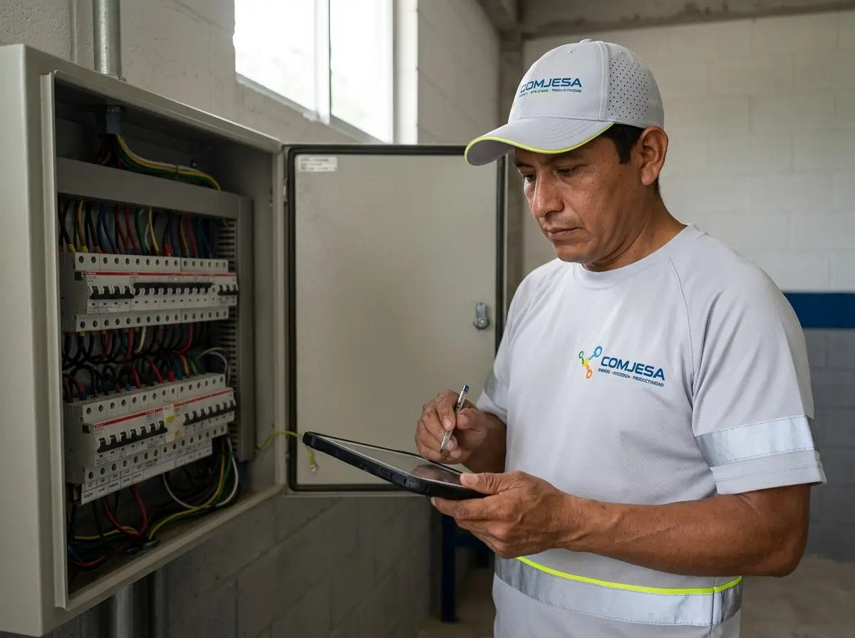 Ingeniero con uniforme gris de COMJESA revisando un diagrama unifilar en una tableta junto a un tablero de distribución