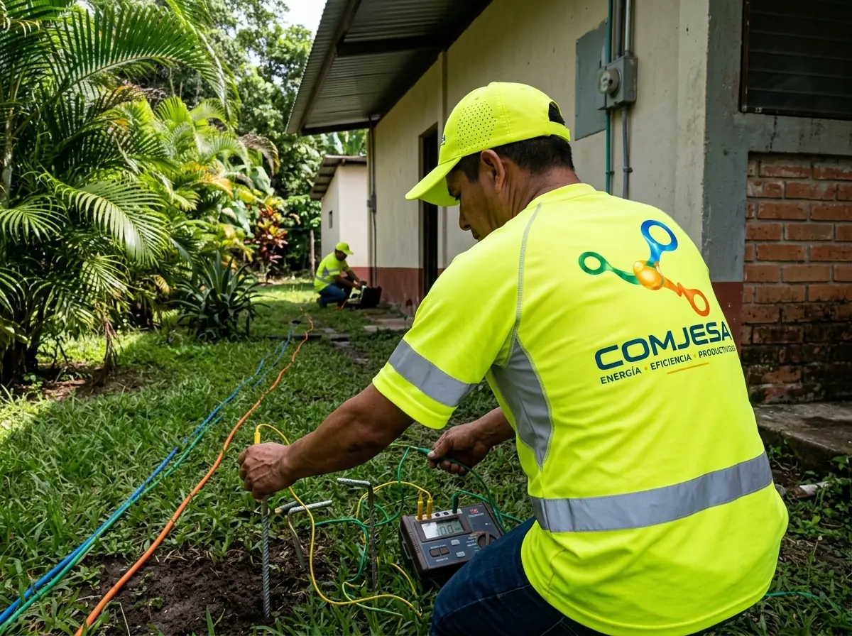 Técnico de COMJESA con uniforme amarillo y el logo en la espalda midiendo una puesta a tierra en el jardín de un edificio en Petén